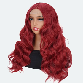 Elegant 24 Inch Red Wavy Synthetic Wig For Women, 4x1 Front Lace, High Temperature Fiber, Middle Part, Natural Look, Breathable, Comfortable, Versatil