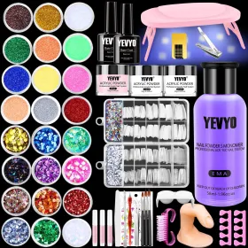 Professional Acrylic Nail Kit, With Pink Nail UV LED Lamps, Acrylic Powders, Base Top Coat, Nail Tips, Rhinestones, Nail Decorations And Nail Art Tool