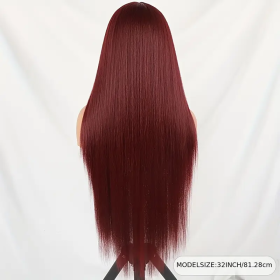 High Temperature Resistant Burgundy Long Straight Lace Non-toxic Wig, Pre-dial Hairline, Non-adhesive, Heat-resistant Synthetic Fiber,