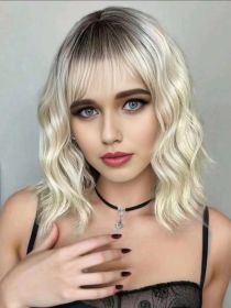 Synthetic Wavy Wig, Non-toxic Wig With Wave Head, With Bangs, Short Mixed Hair For Women, Heat Resistant, Suitable For The Whole Scene