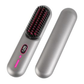Grey-Black Options -- 1Pc Cordless Negative Ion Hair Straightener Brush Rechargeable Mini Styling Comb With 12 Heating Levels Anti-scald 30S Preheatin (Color: Grey)