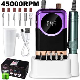 Electric Nail Drill Professional Kit - 45000RPM Portable Nail File Electric E File With 6 Bits & Base-LED Screen-Ultra-Silent, Rechargeable Nail Drill (Color: Purple)