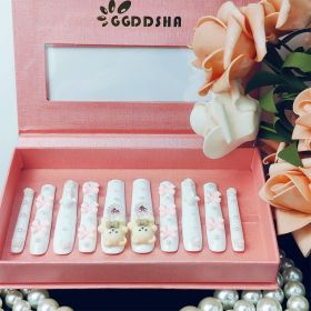 GGddsha White Long Nails With Cute Bear Rose Bow DesignReusable PMMA Acrylic Handmade Nails Full Deluxe 3D FakeNails With Pearls W Box Ladies Gift,Bla (Option: L)