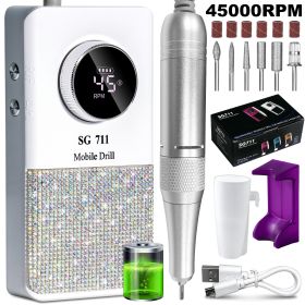 Professional Electric Cordless Nail Drill File-Glitter Portable Cordless E-File Nail Drill Kit With 6 Drill Bits 45000RPM Rechargeable Nail Drills Mac (Color: White)