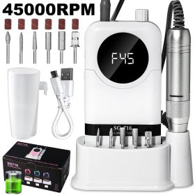 Electric Nail Drill Professional Kit - 45000RPM Portable Nail File Electric E File With 6 Bits & Base-LED Screen-Ultra-Silent, Rechargeable Nail Drill (Color: White)