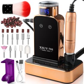 Professional Electric Nail Drill, 45000 RPM Cordless Rechargeable E-File Machine, With 12 Bits, Sanding Bands, LCD Display For Acrylic Gel Nails (Color: Gold)