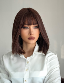 Self-pickup Shoulder-Length Layered Wigs With Bangs  14 Inch Peek-a-boo Color Black Mix Brown Mid-Length Wavy Wigs For Natural Black Women, Heat Resis (Option: SUE66H)