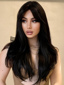 Self-pickup 18inch Natural Black Wig With Bangs Long Wavy Curly Glueless Fringe Unit Heat Resistant Synthetic Middle Part Full Machine Made No Lace Sc (Option: SUE136H)