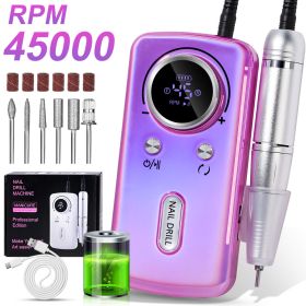Professional Electric Nail Drill, 45000RPM Cordless Nail File Drill With 6 Drills, LCD Display, Nail File Machine For Removing Acrylic Gel Nails, Nail (Color: Purple)