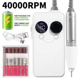 40000RPM Nail Drill Professional Cordless Electric Nail Drill Machine Rechargeable Portable Acrylic Gel Grinder Tools With 6 Bits And Sanding Bands Fo (Color: White)