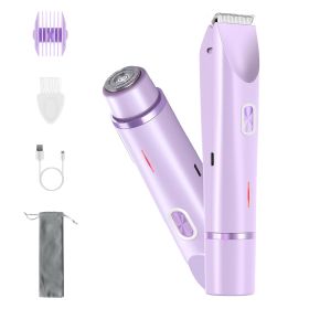 1Pc 2 In 1 Bikini Trimmer For Women Dual Head Cordless Body Shaver IPX7 Waterproof Rechargeable Pubic Hair Razor Wet And Dry Use For Bikini Underarm L (Color: Purple)