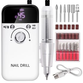 Electric Nail Drill Professional 45000RPM - Rechargeable Nail Drill Kit Portable Electric Nail File With Complete Bits For Acrylic Nails Gel Polishing (Color: White)
