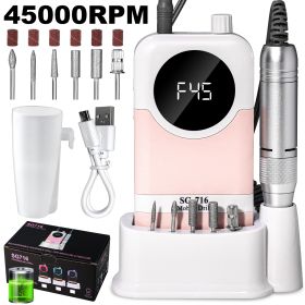 Electric Nail Drill Professional Kit - 45000RPM Portable Nail File Electric E File With 6 Bits & Base-LED Screen-Ultra-Silent, Rechargeable Nail Drill (Color: Pink)