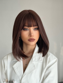 12 Inch Natural Black Short Bob Wigs With Bangs Light Yaki Straight Hair Blunt Cut Glueless Wigs Realistic Look Daily Costume Wig For Women Synthetic (Option: 6H)