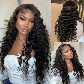 Deep Wave Lace Front Wig Human Hair Density 13x4 Loose Deep Wave HD Lace Front Wig Black Female (Option: Black-34inch)